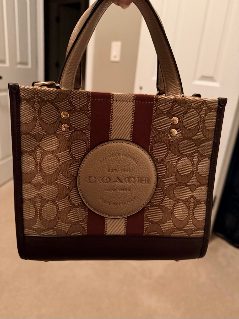 Coach Signature Canvas Satchel in Khaki with Rust & Cream Stripes